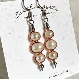 Handmade Pearl and Copper Wire Wrapped Boho Earrings in Stainless Steel